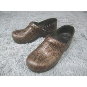 Dansko Clog Shoes Womens Size 8.5 Brown Leather Floral Embossed Comfort Work
